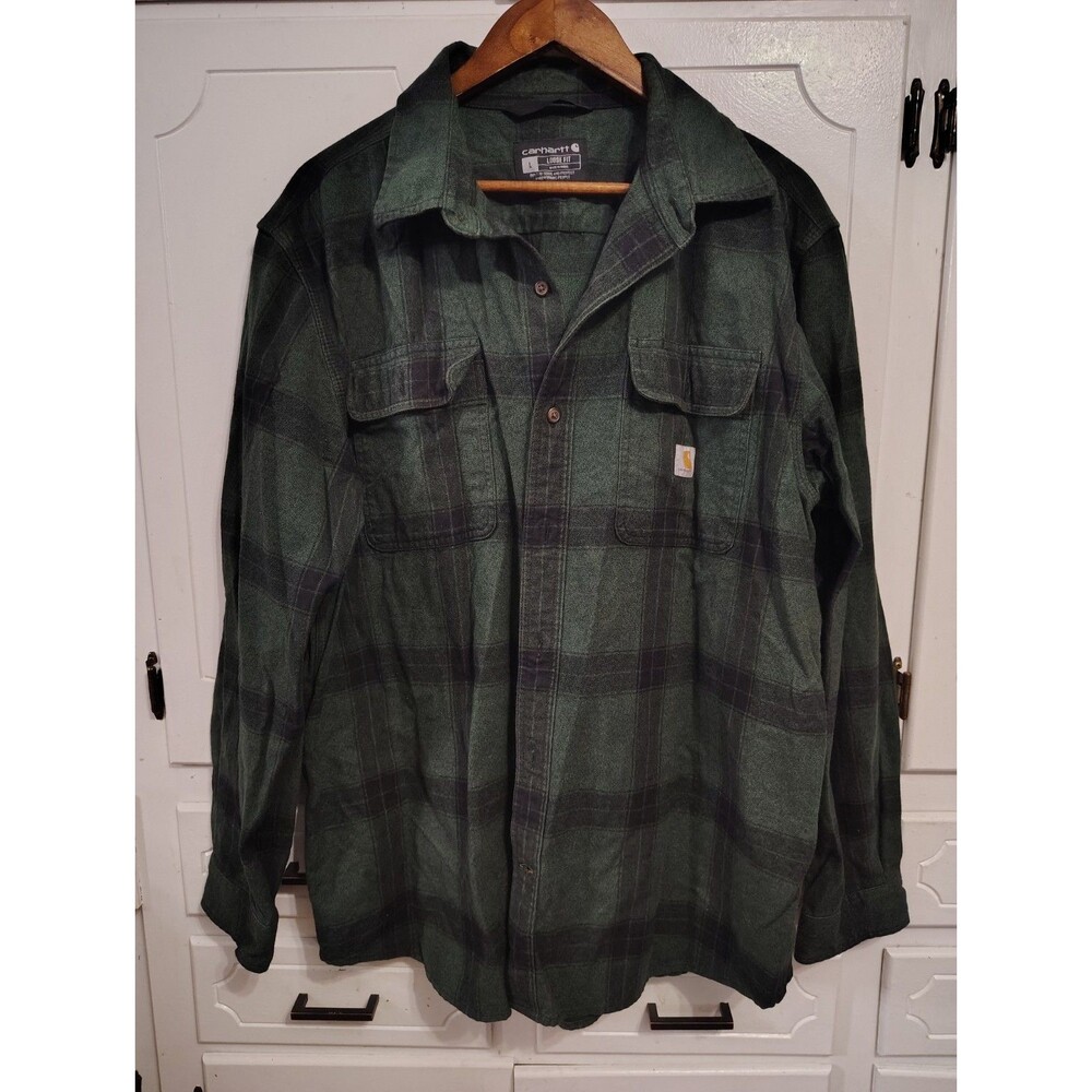 Carhartt Loose Fit Shacket Shirt Jacket Thick Flannel Large Green Plaid Outdoor